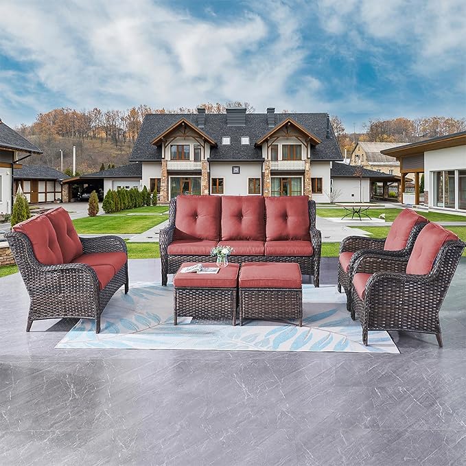 Rilyson Outdoor Patio Furniture Sofa Set - 6 Piece Rattan Wicker Patio Sectional Conversation Sets with 1 Sofa,1 Loveseat,2 Armrest Chairs and 2 Ottomans for Porch Deck Garden(Brown/Red)