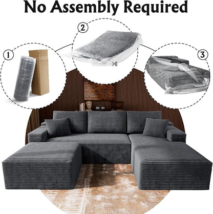 3-Piece Boneless Modular Sectional Sofa, Cloud Couch, Right Facing Chaise with Ottoman, Oversized Deep Seat, Soft Corduroy Fabric, Sectional Couch for Living Room-Grey