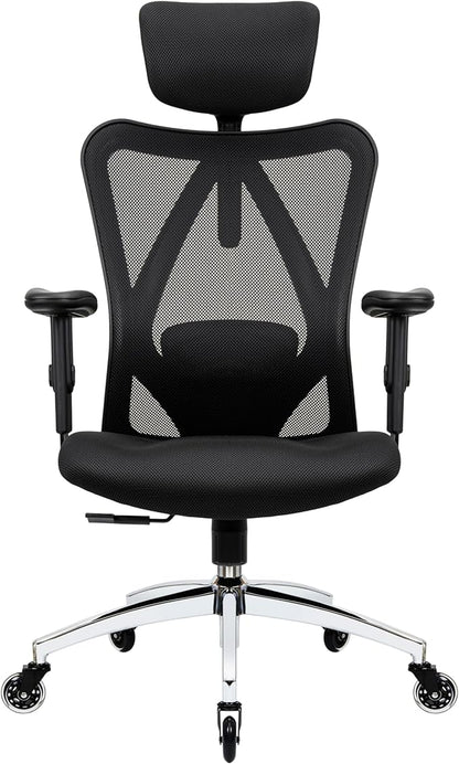 Ergonomic Office Chair - Adjustable Desk Chair with Lumbar Support and Rollerblade Wheels - High Back Chairs with Breathable Mesh - Thick Seat Cushion, Head, and Arm Rests - Reclines (Black)