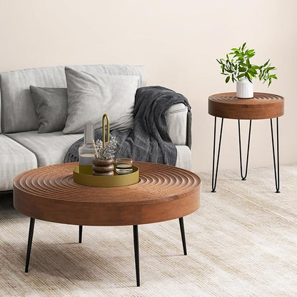 Giantex Boho Round Coffee Table Set of 2, Sofa Side Nesting Table with Solid Pine Wood Top, Metal Legs & Adjustable Foot Pads, 31.5" D Large Table Set for Living Room (Ring Pattern, Brown)