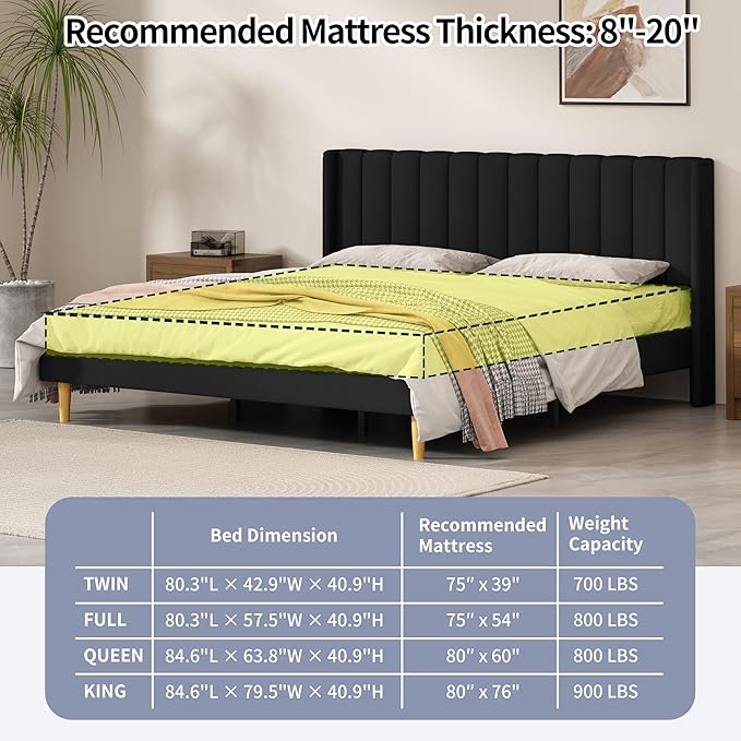 King Size Upholstered Platform Bed Frame with Modern Wingback & Vertical Panel Headboard, Linen Fabric, Wooden Legs & Slats Support, No Box Spring Needed, Noise-Free & Easy Assembly, Black