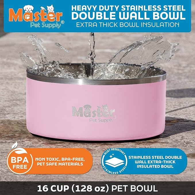Master Pet Supply Stainless Steel Dog Bowls - 128 oz, Heavy Duty - Rose Quartz, Double Wall Extra-Thick Insulated, Non-Slip Pet Water Bowl for Dogs, Cats & Pets, Anti Rust Metal, Dish Washer Safe