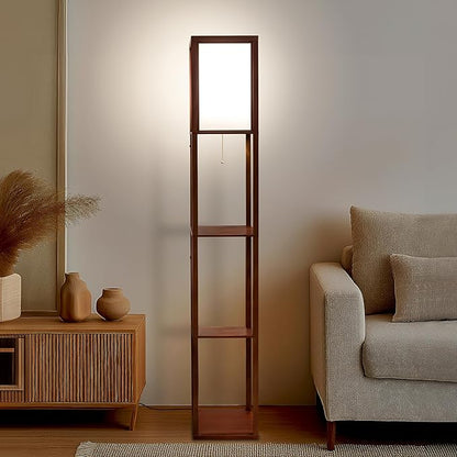 Brightech Maxwell - Modern Shelf Floor Lamp with Lamp Shade and LED Bulb - Corner Display Floor Lamps with Shelves for Living Room, Bedroom and Office - Havana Brown