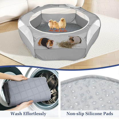 2-in-1 Small Animals Playpen with Pad, Waterproof Small Pet Cage Tent with Reusable Pad, Portable Outdoor Yard Fence with 3 Metal Rod for Chick/Kitten/Puppy/Guinea Pig/Rabbits/Chinchillas, Gray