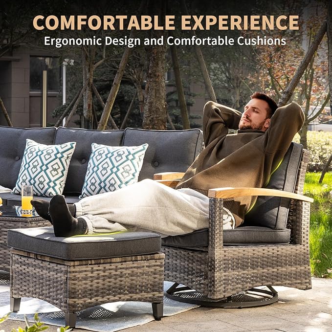 MEISSALIVVE Patio Furniture Sets, 6 Pieces Outdoor Rattan Furniture Conversation Sets with 2 Wood Armrests Swivel Rocker Chairs, 2 Ottoman, 3-Seat Sofa and Coffee Table(Grey)