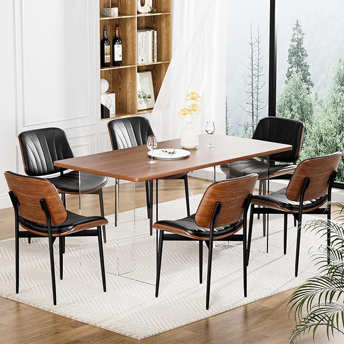 YaFiti Dining Chairs Set of 8, Dining Room and Kitchen Chairs, FSC Certified Mid Century Modern Accent Chair, Upholstered PU Leather Chairs for Vanity with Walnut Bentwood and Metal Legs, Black