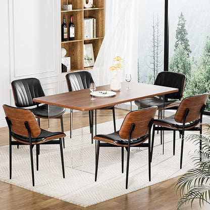 YaFiti Dining Chairs Set of 8, Dining Room and Kitchen Chairs, FSC Certified Mid Century Modern Accent Chair, Upholstered PU Leather Chairs for Vanity with Walnut Bentwood and Metal Legs, Black