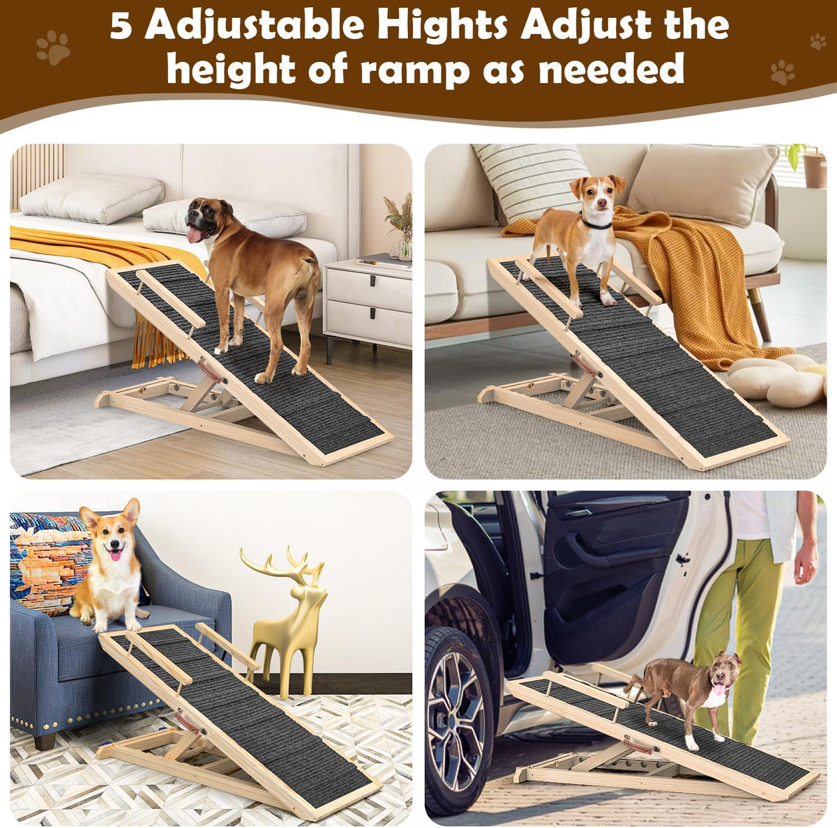 Dog Ramp for Couch, Bed or Car, Wooden 44" Long Pet Stairs for Small & Large Old Dogs & Cats, Hold up to 200lb, 5 Adjustable Height from 14.96" to 22", Portable Doggie Steps, Excellent Traction