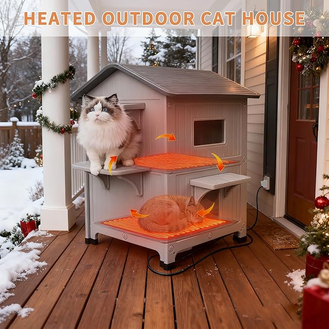 Rockever 2 Story Heated Cat House for Outside in Winter, 100% Waterproof Heated Cat House for Outdoor Cats with Heating Pad, Elevated Outdoor Cat House, Safe Escape Door for Outdoor Cats