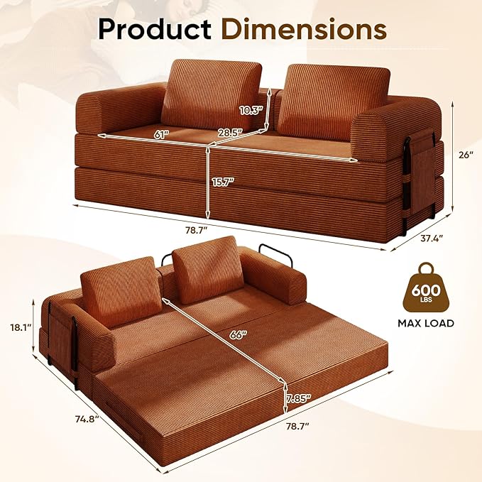 Antetek Convertible Sofa Bed, Comfy Corduroy Fluffy Love seat Sleeper Sofa, 5 in 1 Folding Couch Bed, Fold Out Floor Couch with Pillows for Bedroom, Living Room, Office, Pinstripe, Orange