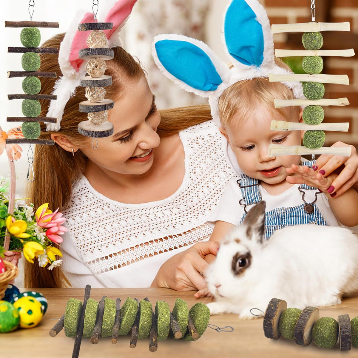 ERKOON Bunny Chew Toys, Rabbit Chew Toys for Teeth Grinding, Improve Dental Health, 100% Natural Apple Wood Timothy Grass Cake Treats for Rabbits Guinea Pigs Chinchillas Bunnies Hamsters (5 Pcs)