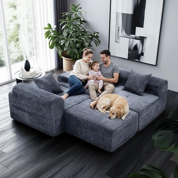 119’’ Modular Sectional Sofa, Cloud Sectional Couch with Deep Seat, Modern Modular Compression Sofa Couch with Chaise, Upholstered Couches, Throw Pillows for Living Room Bedroom, Blue