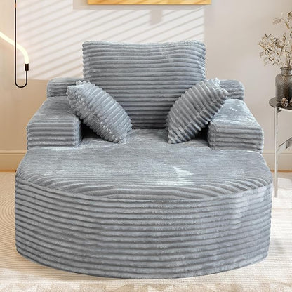 WJShome Corduroy D-Shaped Couches, Oversized Round Chair with Pillows, Circle Chair Sleeper Couch,Modern Sleeper Boneless Sofa for Reading, Gray
