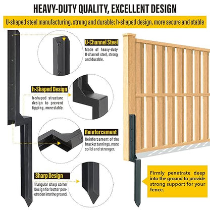 Epcee Heavy Duty Steel Fence Post Repair Stakes, Fence Post Anchor Ground Spike, for Repair Tilted/Broken Wood (6 Pack/Black