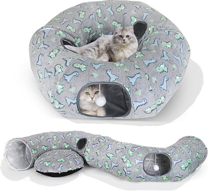 Cat Tunnel Bed, Foldable Cat Donut Tunnel with Removable Cushion & Toy Ball, Stress Relief Fun, Round Pet Play Tunnel for Indoor Cats, Kittens and Small Pets (3D Dinosaur Pattern)