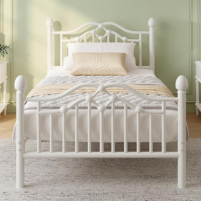 Twin Metal Platform Bed Frame, Bed Frame with Victorian Headboard and Footboard, Strong Metal Slats Support, Mattress Foundation No Box Spring Needed, Easy Assembly, Noise Free, White