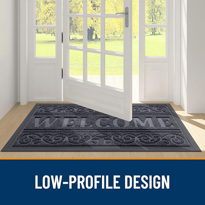 OLANLY Welcome Door Mat Indoor Outdoor Entrance, Heavy Duty Sturdy Front Door Mat, Waterproof All-Weather Doormat, Stain Resistant, Low Profile, Easy Clean Patio Entryway Mat, 29.5 x 17, Medium Grey