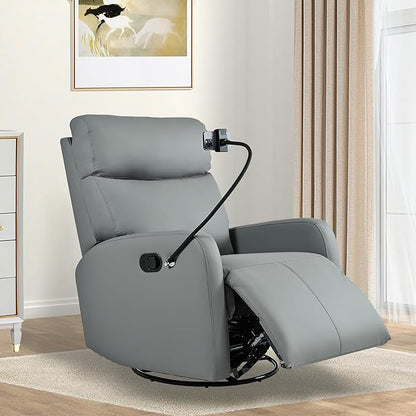 QKFF Swivel Rocker Recliner Chair for Nursery, Upholstered 360° Leather-air Glider Rocking Chair with Phone Holder, Manual Small Recliners for Small Spaces Living Room
