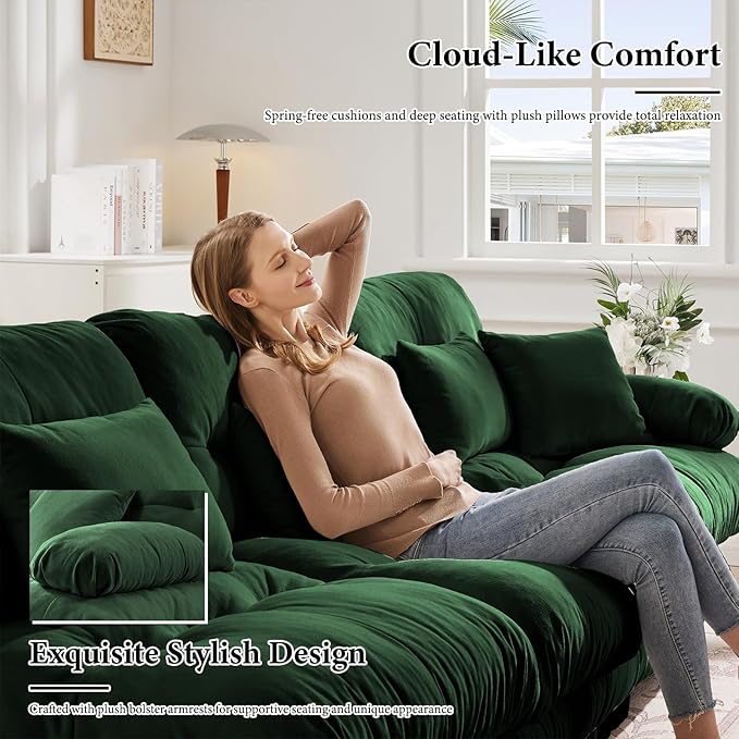 173.2" Oversized Couch, 4 Seater Modular Sectional Sofa, Green Large Sectional Couches for Living Room, Fluffy Chenille Fabric Cloud Couch with 5 Pillows, Deep Seat Sofas
