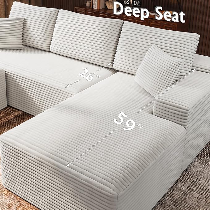 3-Piece Boneless Modular Sectional Sofa, Cloud Couch, Right Facing Chaise with Ottoman, Oversized Deep Seat, Soft Corduroy Fabric, Sectional Couch for Living Room-White