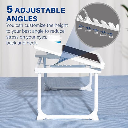 Laptop Desk for Bed Couch, Adjustable Foldable Bed Table with Cup Holder, Breakfast Serving Tray, Portable Laptop Lap Desk Stand for Working Reading Writing Eating Gaming in Bed Sofa Floor(White)