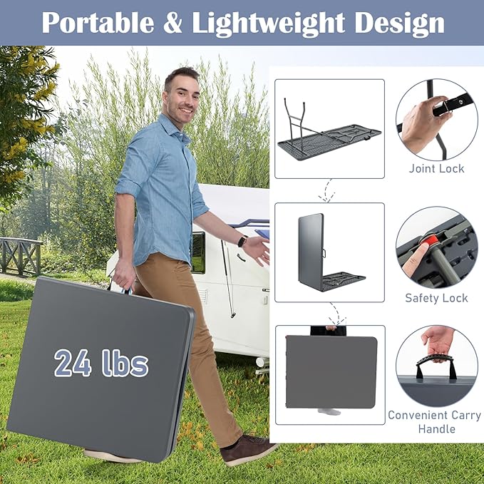 Tangkula 6 FT Folding Table, Indoor Outdoor Foldable Plastic Table with HDPE Tabletop, Sturdy Metal Fame, Carrying Handle, Heavy Duty Portable Fold-in-Half Picnic Table for Camping BBQ Party