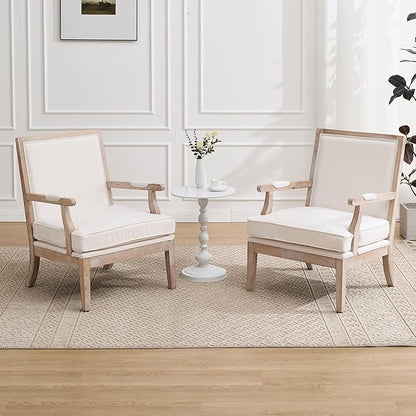 DM Furniture Accent Chair Set of 2 Mid-Century Modern Living Room Chair Linen Fabric Upholstered Lounge Armchair with Solid Wood Frame & Removable Cushion for Living Room, Bedroom, Balcony, Beige