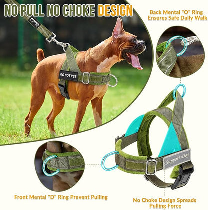 SlowTon No Pull Dog Harness with Front Clip - Heavy Duty, Soft Padded | Neck & Chest Adjustable, Tactical Pet Vest and Leash Set for Large Medium Sized Dogs, for Easy Walk & Training, Green XL