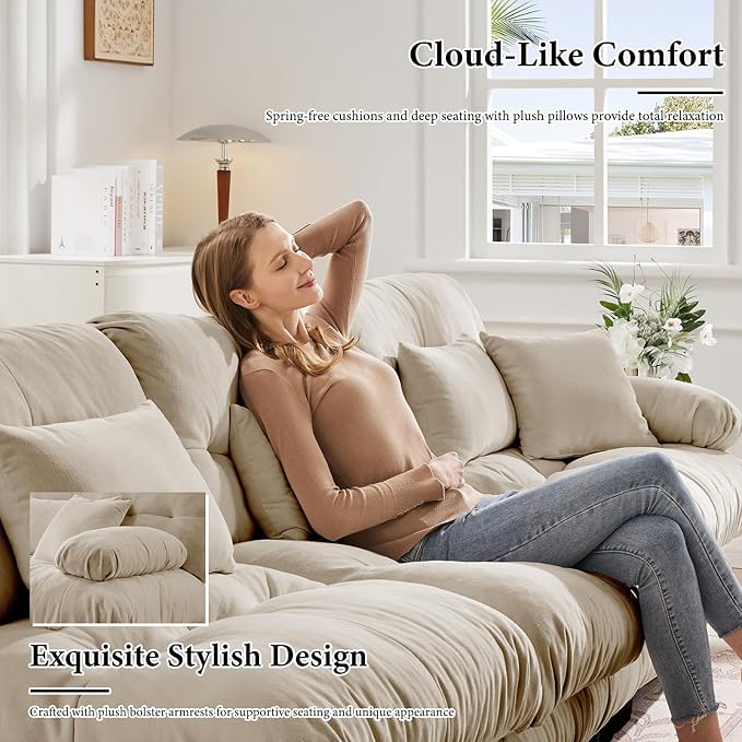 173.2" Oversized Couch, 4 Seater Modular Sectional Sofa, Beige Large U Shaped Sectional Fluffy Couch Set, Chenille Cloud Couches with Ottoman, Deep Seat Sofas for Living Room
