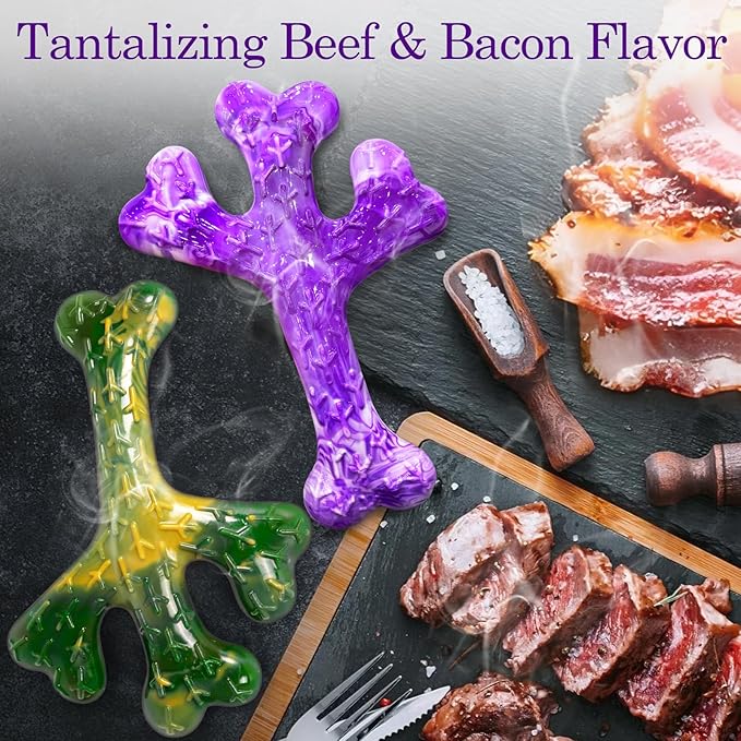 Dog Toys for Aggressive Chewers - 2 Pack Beef Bacon Flavor Tough Dogs Chew Toys, Indestructible Toy for Medium Large Dogs Gift