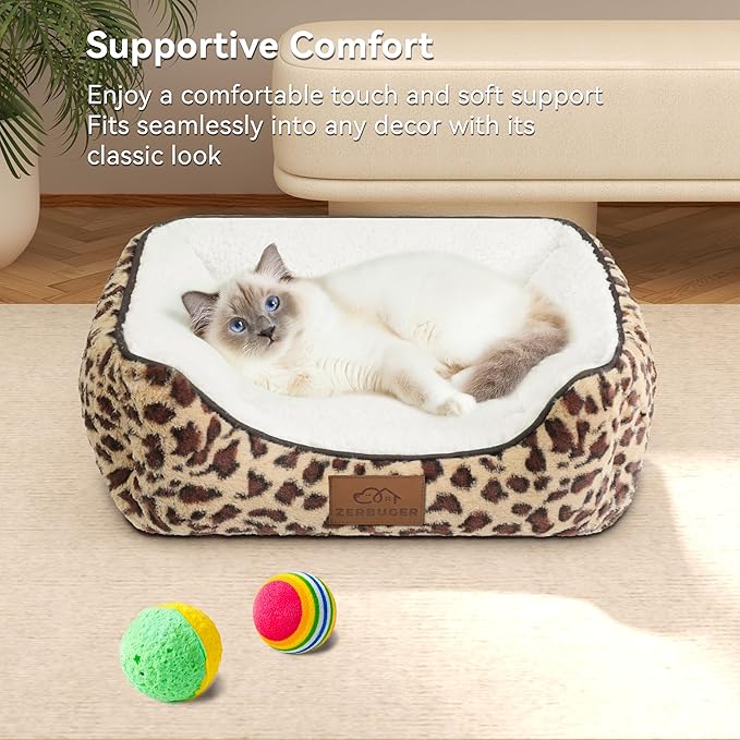 Rectangle Cat Dog Bed for Large Medium Small Pets Indoor Outdoor Machine Washable Sleeping Sofa Non-Slip Bottom Soft Puppy Bed Durable Orthopedic Calming Pet Cuddler (Small, Leopard)