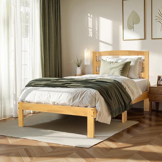 Hokway Wood Twin Bed Frames with Headboard-No Wobble,Noise-Free,Easy Assembly with Precise Holes,12 in Reinforced Center Legs,No Box Spring Needed,Natural