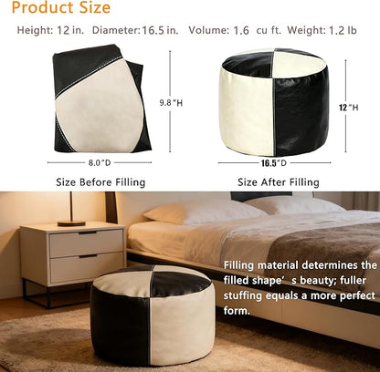 Thgonwid Unstuffed Faux Leather Pouf Cover, Handmade Footstool Ottoman Storage Solution, Floor Footrest Cushion - 16.5”Dx12”H, Black & White