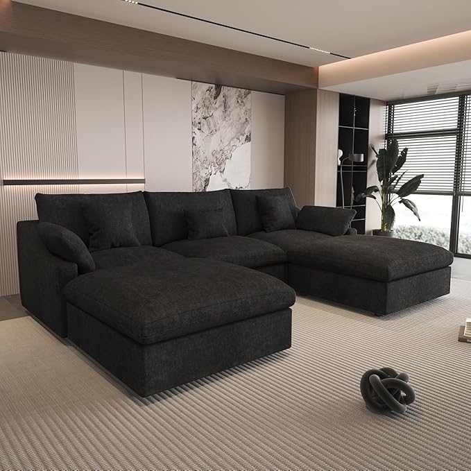 Cloud Modular Sectional Sofa Couch for Livingroom,119inch Down Filled U Shaped Couch with Wide Seat,Convertible Sectional Sofa with Ottoman,Covers Washable&Replaceable,Black
