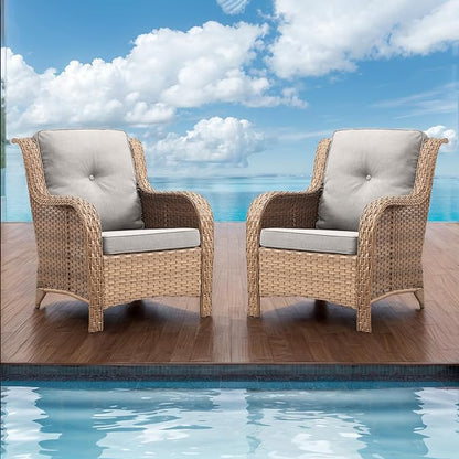 Rilyson Patio Furniture Chairs Outdoor Chair - 2 Piece Wicker Rattan Chairs Set with High Back and Deep Seating for Deck Porch Balcony Backyard Garden(Yellow/Beige)