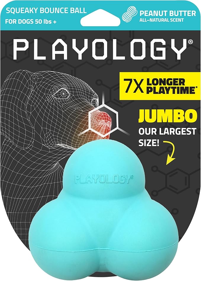 Playology Dog Toys | Squeaky Bounce Ball for Dogs - Bounces in Unpredictable Ways | Jumbo Peanut Butter Scented Toy - Easy to Clean and Made from Non Toxic Materials