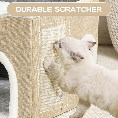 Large Cat Bed for Indoor Cats, Extra Wide Cat Cave House with Scratch Pad and Fluffy Ball, Foldable Cat Hideaway for Kitten Bed, Cat Condo for Cats (Khaki, X-Large)