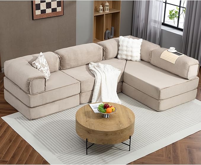 108" L Shaped Couch, Modular Sectional Sofa with Chaise, Cloud Boneless Couch with Deep Seat & Removable Pillow for Living Room, Bedroom,No Assembly Required（Camel）