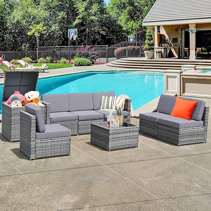 HAPPYGRILL 8 Pieces Patio Conversation Set Outdoor Rattan Furniture Set Sectional Wicker Sofa Set with Cushions and Storage Table for Backyard Garden Poolside