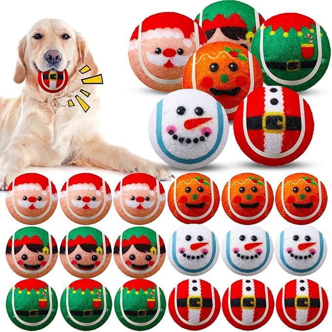Civaner 18 Pcs Christmas Squeaky Tennis Balls for Dogs 2.5 Inch Bulk Dog Toys Ball for Small Medium Large Dogs Puppy Chew Teething Toy Interactive Training Xmas Gifts Stocking Stuffers (Santa)