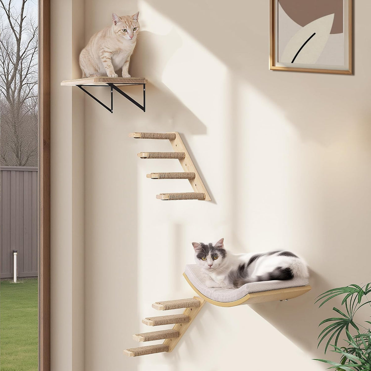 Cat Floating Wall Shelf with Scratching Mat, 1PC 9.7X16.6 Inch Large 1 Inch Thick Wood Cat Window Perches Hanging Shelves Wall Mounted Beds for Sleeping, Playing, Climbing, Support to 30 LBS