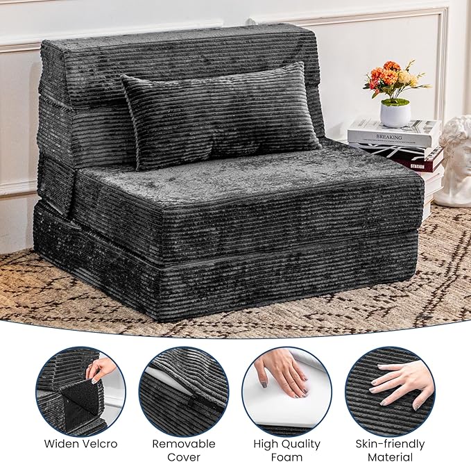 Folding Sofa Bed, Convertible Sleeper Chair with Pillow, High Density Memory Foam Fold Out Couch, Foldable Mattress Futon Sofa for Living Room/Dorm/Guest Use/Apartment/Home Office