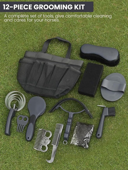 Horse Grooming Kit 12 Pieces Set – Complete Horse Brushes & Care Supplies Set with Organizer Tote Bag, Equine Coat Grooming Tools, Tack Room Equipment & Gifts for Horse Owners & Lovers