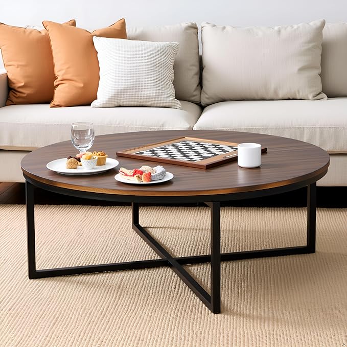 Alaterre Furniture Arcadia 42-Inch Round Acacia Wood Coffee Table – Industrial Living Room Table with Antiqued Mocha Finish and Metal Sled Legs – Ideal Centerpiece for Sectionals and Sofas
