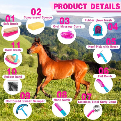 Abbylike 12 Piece Horse Grooming Kit with Organizer Tote Bag Brush Sets for Derby Day Show Horses Professional Tools for Care & Massage(Rose Red)