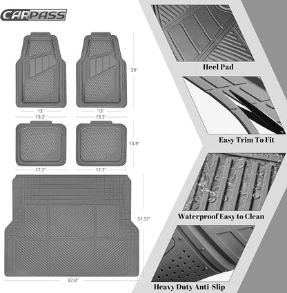 CAR PASS Heavy Duty Rubber Floor Mats Gray Car Mats Full Set with Trunk Cargo Liner - Universal Waterproof Floor Mats for Car SUV Truck, Durable All Weather Automotive Liner Mats (All Gray)
