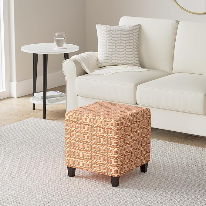 HomePop Upholstered Storage Cube Ottoman with Hinged Lid, Orange Geometric 17" x 17" x 18"