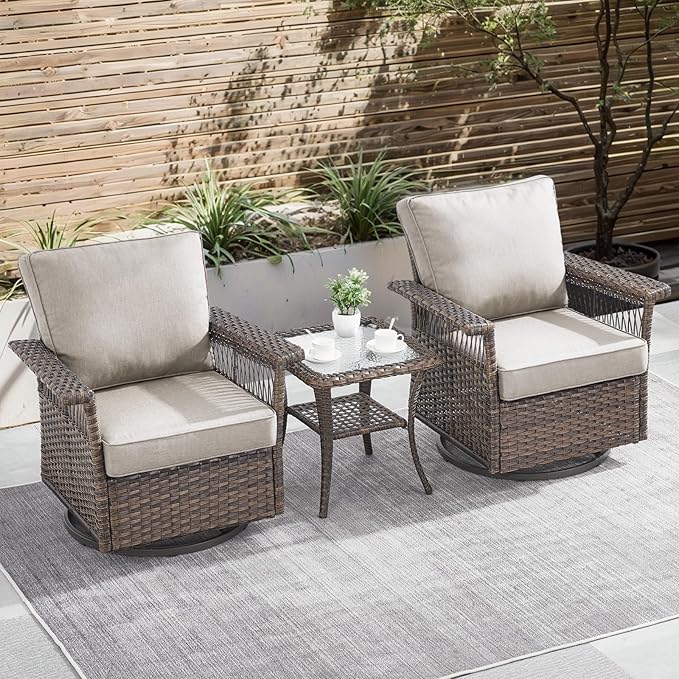 Outdoor Swivel Glider Chairs - 3 Pieces Hollow Widen Armrests Wicker Patio Furniture Set with Side Table, High Back Outside Swivel Rocker for Balcony Porch Deck and Yard - Brown/Beige