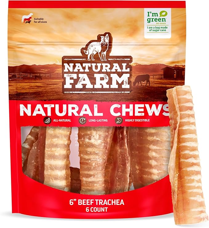 Natural Farm Beef Trachea for Dogs (6 Inch, 6 Pack)- 100% Beef,Odor Free Trachea Dog Chews- Glucosamine & Chondroitin for Joint & Hip Mobility, Bone Strength- Low-Fat Crunchy & Crispy- for All Dogs