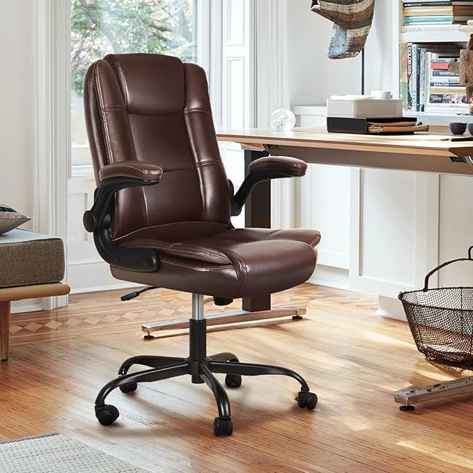 VITESSE Ergonomic Office Chair with Flip-up Armrests, Big and Tall Leather Executive Office Chair, High Back Lumbar Support Home Computer Desk Chair, Heavy and Duty Computer Chair (Brown)